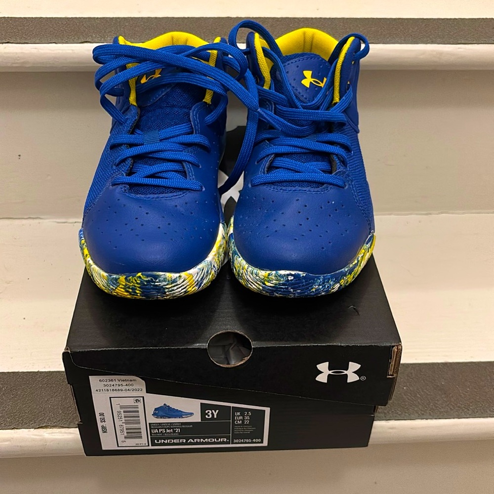 Under Armour Jet 21, UNISEX , Blue Yellow Youth Size 3Y Basketball Sneakers
